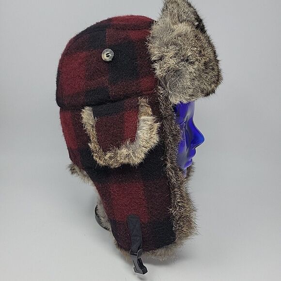 Mad Bomber Buffalo Plaid Red Black Wool Blend Trapper Hat Rabbit Fur Trim L - Picture 3 of 9